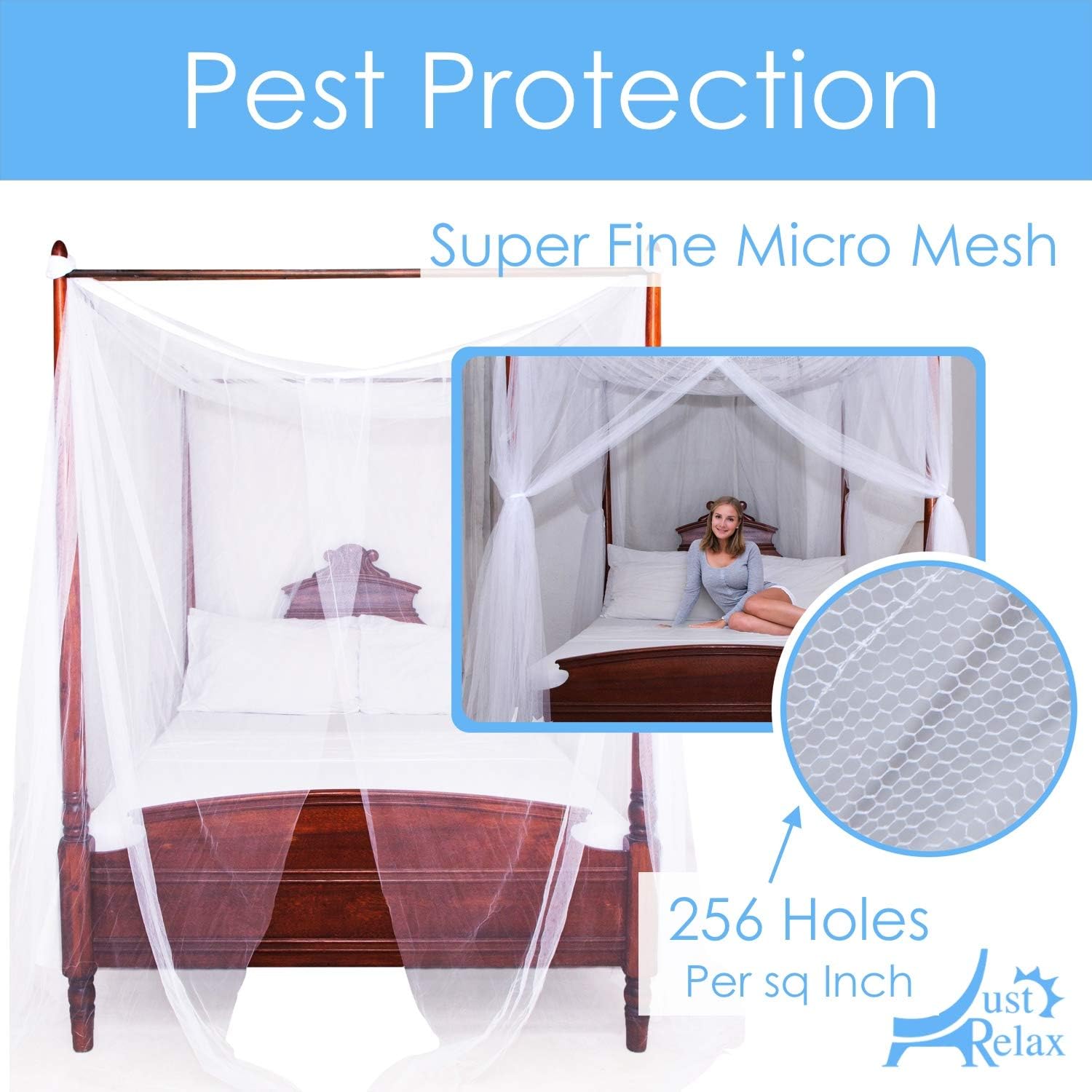 Just Relax Four Corner Post Elegant Mosquito Net Bed Canopy Set, White, Full/Queen/King, 86.6x78.7x98.4 Inches: Home & Kitchen