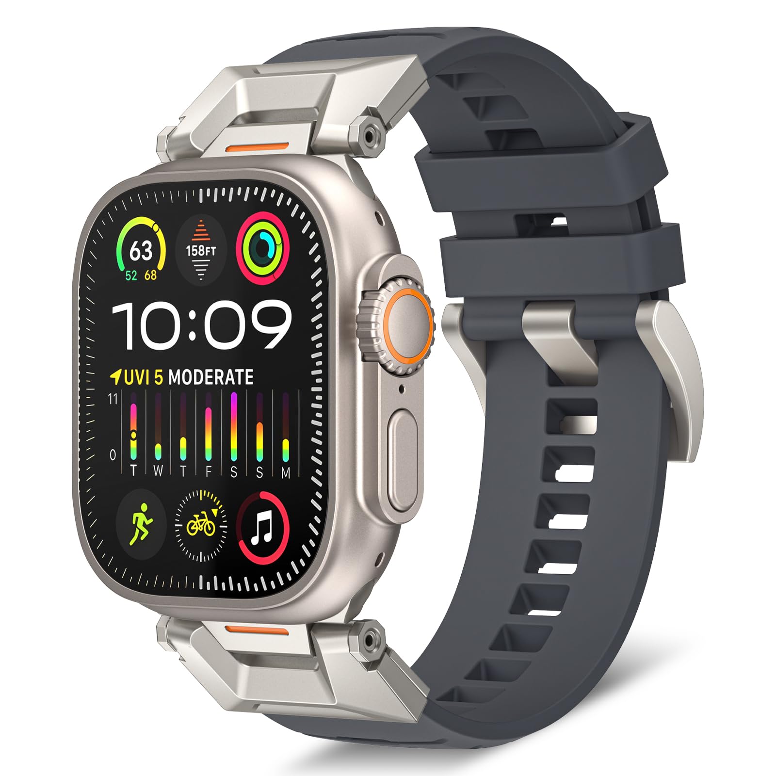 RoYiio Strap for Apple Watch Ultra 3/2 49mm Band Stainless Steel & Fluoro Rubber Strap for Apple Watch Series 11/10 46mm, Series 9/8/7 45mm, Series 6/5/4/SE 3/SE 2 44mm, Series 3/2 42mm - Grey