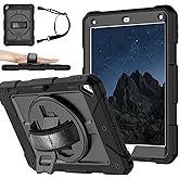 MENZO Shockproof Case for iPad 5th Gen/6th Gen/Air 2/Pro 9.7-inch with 360° Swivel Stand, Pencil Holder, Detachable Hand and Shoulder Strap, Black