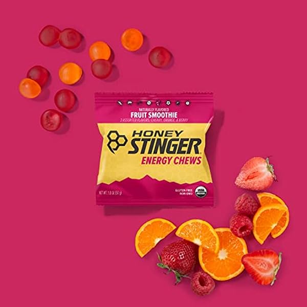 HONEY STINGER ORGANIC FRUIT SMOOTHIE ENERGY CHEW, GLUTEN FREE & CAFFEINE FREE, FOR EXERCISE, RUNNING AND PERFORMANCE, SPORTS NUTRITION FOR HOME & GYM, PRE AND MID WORKOUT, 21.6 OUNCES (PACK OF 12)