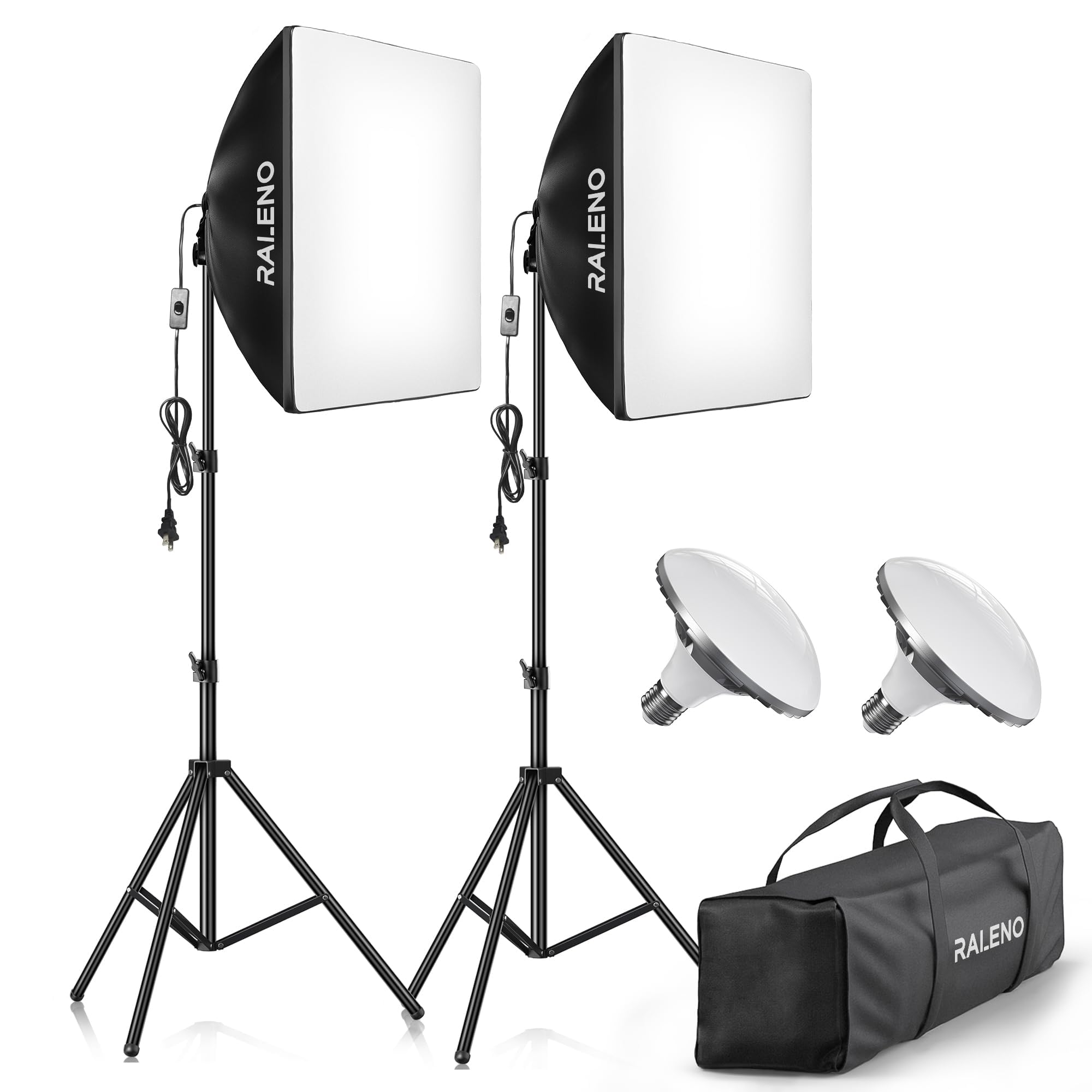 RALENO Softbox Lighting Kit (Black Edge), 2×50×50cm Photography Studio Lighting with 50W 5500K LED Bulbs, 97 CRI Light Box Lighting for Video Recording, Studio, Portraits and Product Shooting Youtube