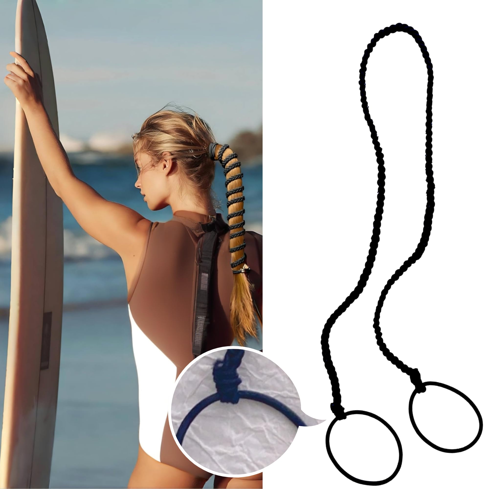 25"/64cm Rip Tie Hair Ties Ponytail Holders for Water Sports, Mid-Length Hair Bobbles for Thick Hair Scrunchies No No Snagging Damage Strong Braided Pony Tails Ties Curly Hair (No Clasp Black)