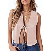Tankaneo Womens Tie Front Tank Tops Summer V Neck Satin Sleeveless Club Sexy Y2K Cami Crop Tops
