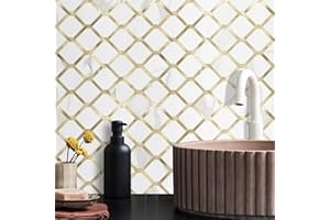 Vamos Tile Rhombus Seamless Peel and Stick Backsplash for Kitchen - 10 Sheets Stick on Backsplash for Kitchen and Bathroom Statuario White PVC Mixed Metal Light Gold Self Adhesive Mosaic Wall Tiles