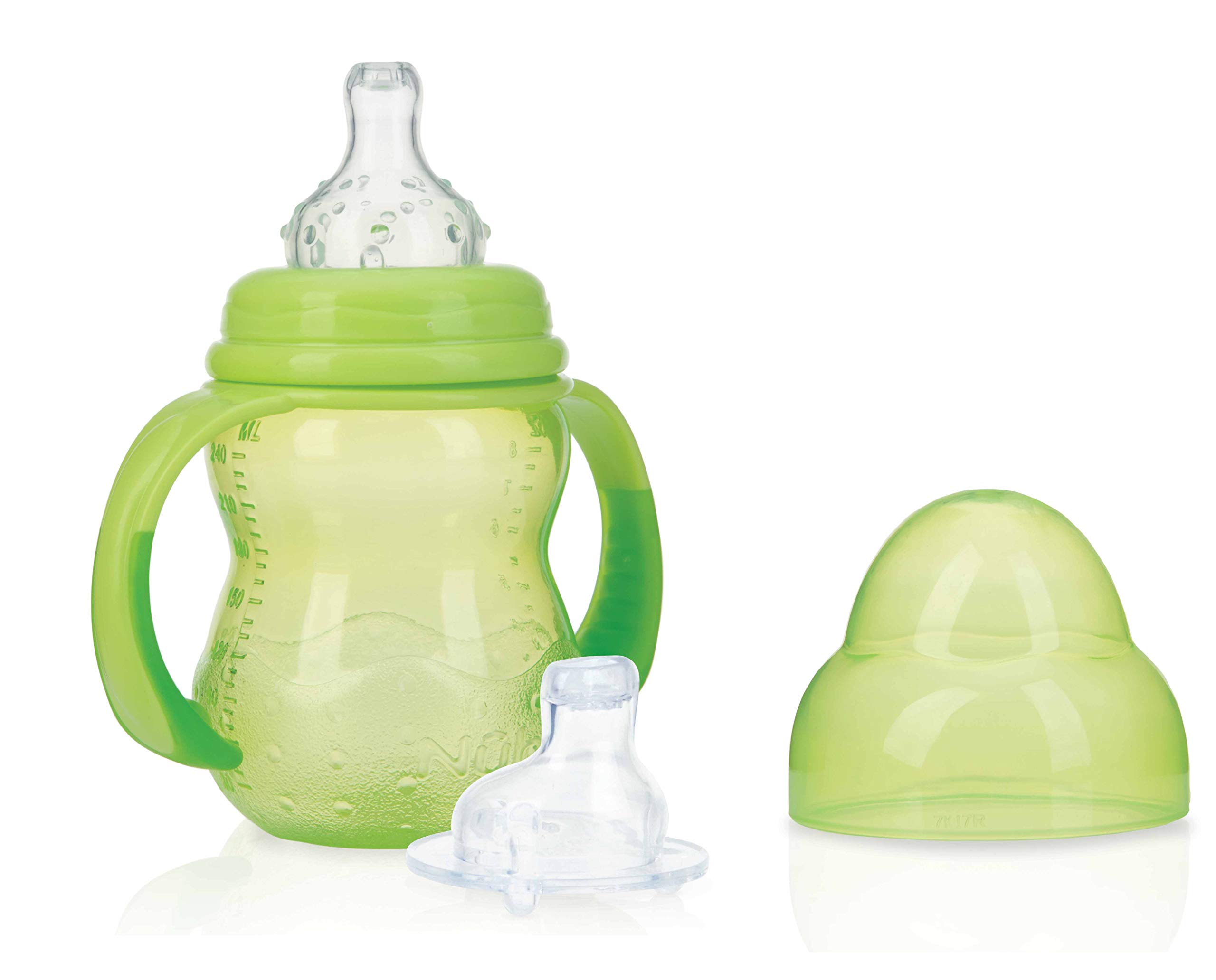 Nuby Nûby ID1107GREEN Learn-to-Drink Cup with 2 Attachments - Non Drip Teat and No-Spill - 240 ml - 0M+ Green