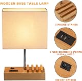 Briever USB Bedside Table Lamp with 3 USB Ports and Dock, Wood Base view 3