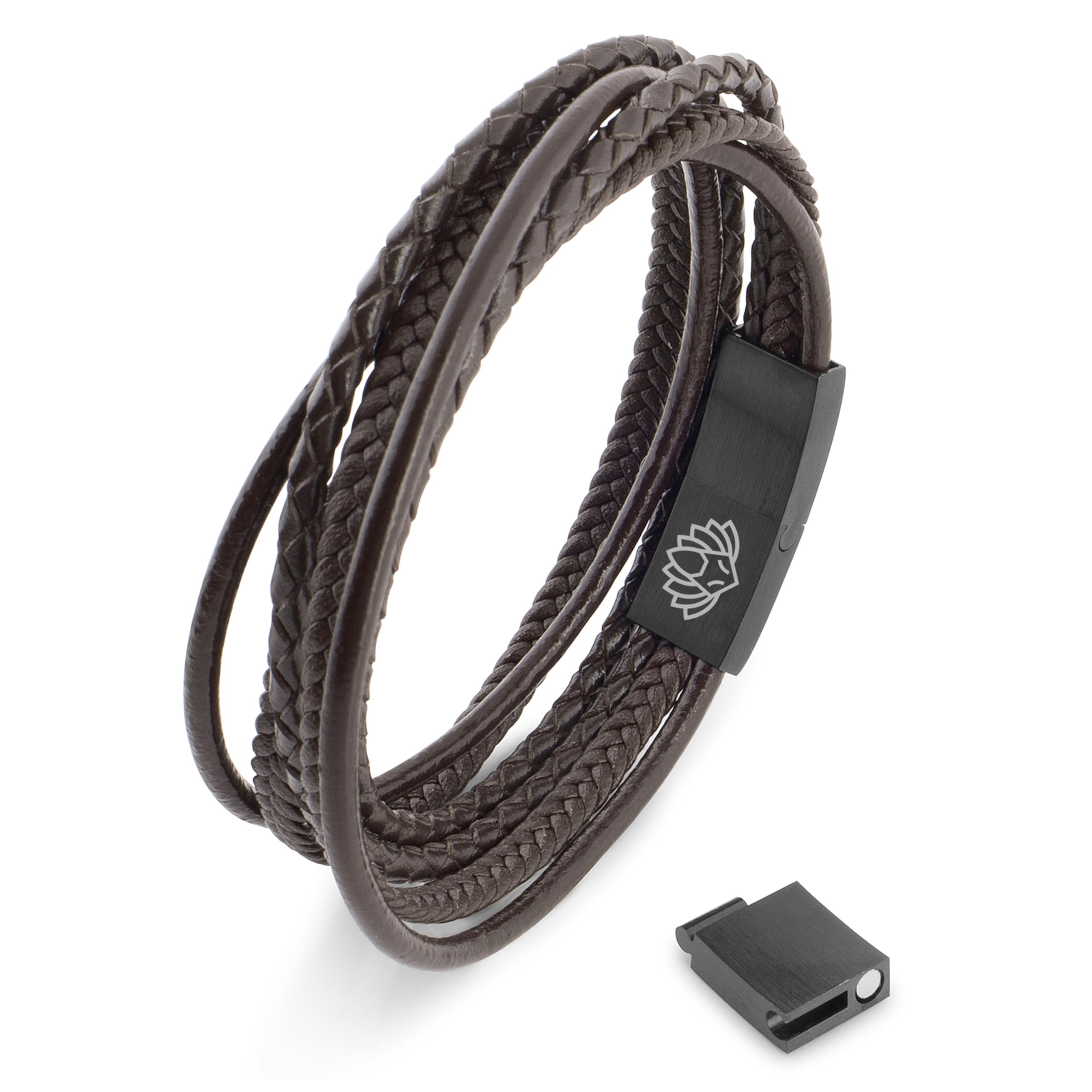 Akitsune Ambush Synthetic Leather Bracelet | Magnetic Clasp Stainless Steel - Wrap Bracelet Braided Mens Bangle Wristband | incl. Beautiful Jewelry Gift Box - Black-Brown - 43cm