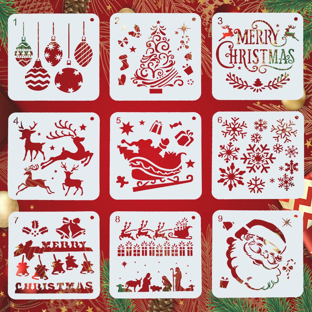 KLYNGTSK 9PCS Christmas Stencils 20 * 20cm Plastic Christmas Drawing Stencils Reusable Christmaes Painting Template Christma Window Stencil Christma Stencil Template Kit for Card Making Scrapbook DIY
