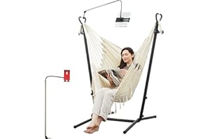 Onirw Hammock Chair with Stand, Swing Chair with Phone Holder and Pillow, Adjustable Lounging Chair for Indoor Outdoor Bedroom Patio Garden (Beige)