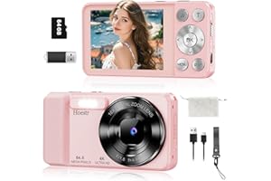 64MP 4K Digital Camera, Hoestr 18X Zoom Autofocus Point and Shoot Compact Camera with 64GB TF Card, Flash, 2.8" LCD Screen for Teens Adult Beginner Travel Photography Vlogging (Pink)
