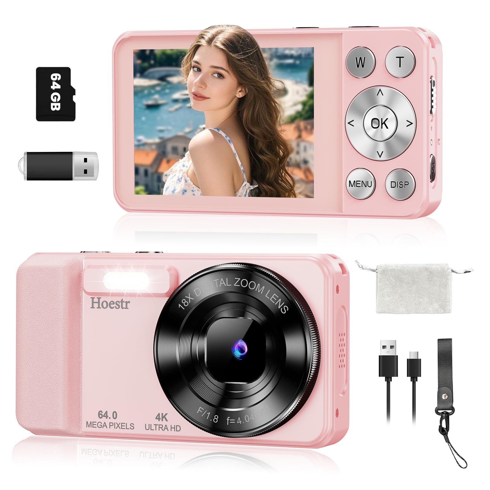 Photo 1 of 64MP 4K Digital Camera, Hoestr 18X Zoom Autofocus Point and Shoot Compact Camera with 64GB TF Card, Flash, 2.8" LCD Screen for Teens Adult Beginner Travel Photography Vlogging (Pink)