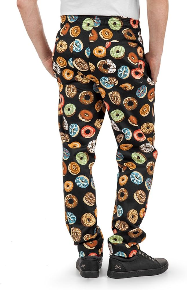 Men’s Donut Print Chef Pant (XS-3X) | Traditional Baggy Fit, 100% Cotton, Elastic Waist: Clothing