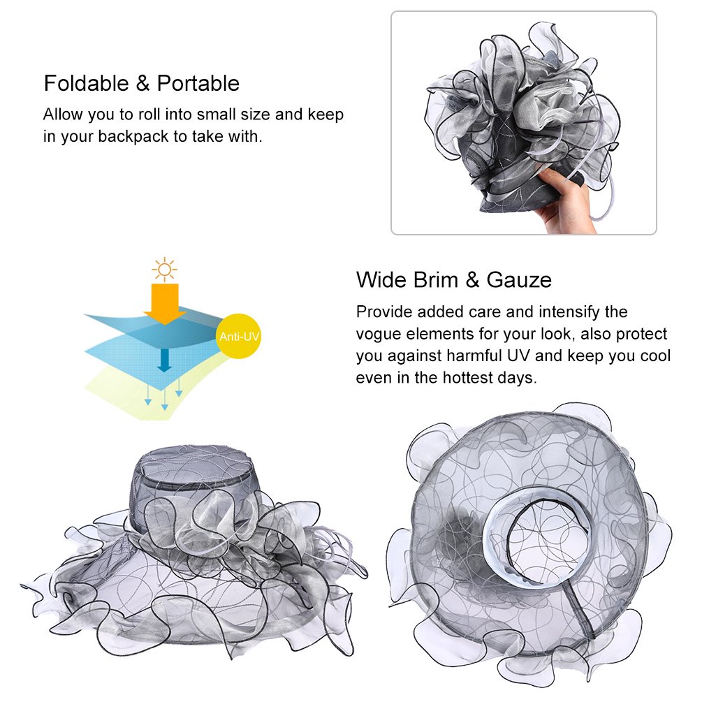 Vbiger Women\'s Summer Kentucky Derby Hat Large Brim Sun Hats Ascot Race Derby Hat for Cocktail Tea Party Wedding (Grey 2)