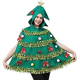 DECEED 1 PCS Christmas Tree Costume for Adults Hooded Cloak Christmas Poncho Cape Funny Xmas Outfit Christmas Cosplay Party