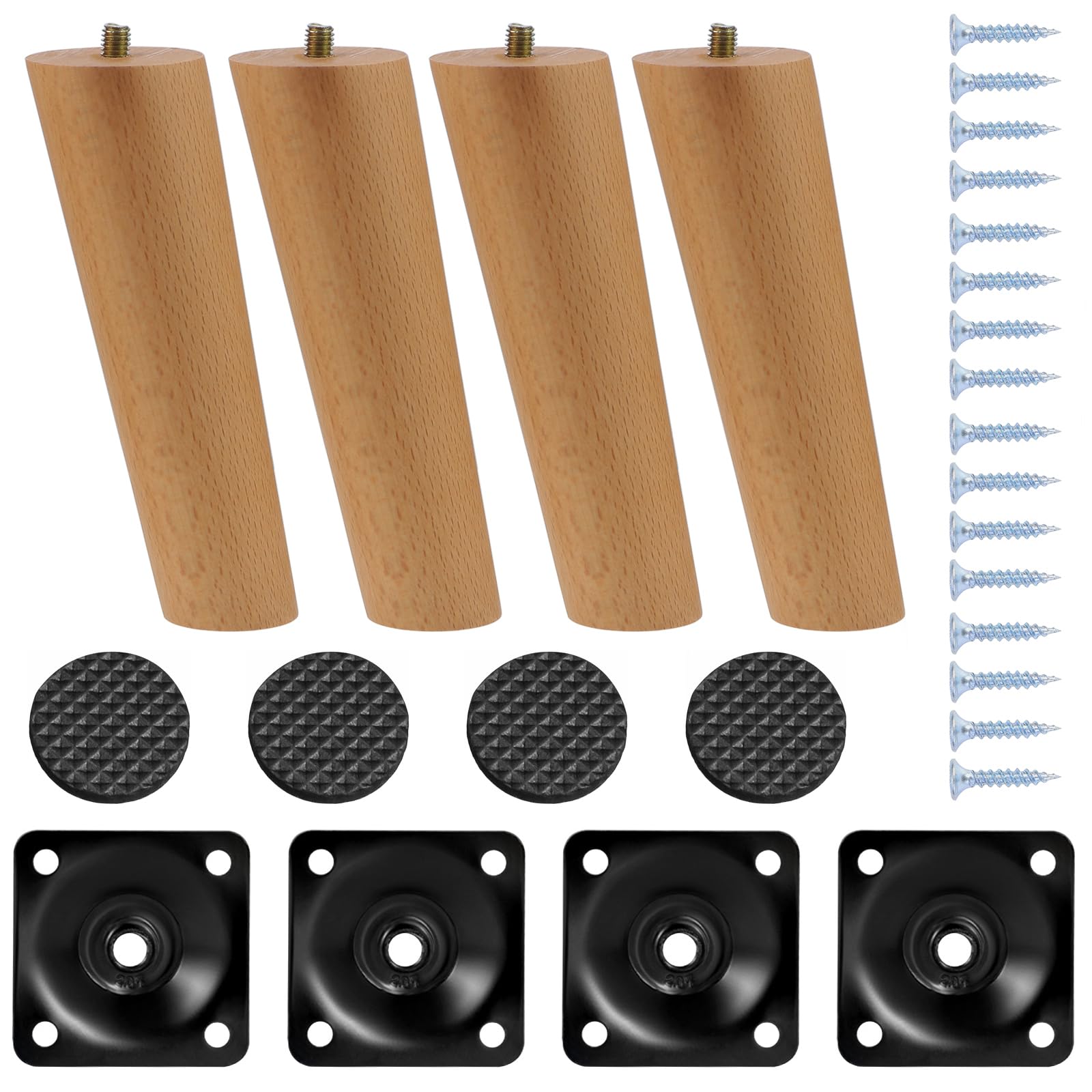 AUF SHEENO Set of 4 Wooden Furniture Legs, 15cm Solid Tapered Wood Sofa Legs, Replacement Furniture Feet with Mounting Plate, Screws and Anti-Slip Mats for Sofa Table Chair Tea Cabinet