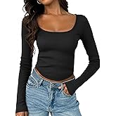 Tankaneo Womens Long Sleeve Shirts Ribbed Knit Fitted Crop Tops Going Out Square Neck Spring Fall Trendy Casual Basic Tees