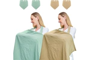 TATAVR 2Pack Muslin Nursing Covers for Breastfeeding, Privacy Breast Feeding Cover with Arch Neckline for Mom and Baby, 100% Cotton Nursing Apron Multi-Use Stroller Cover(Included Four Baby Bibs)