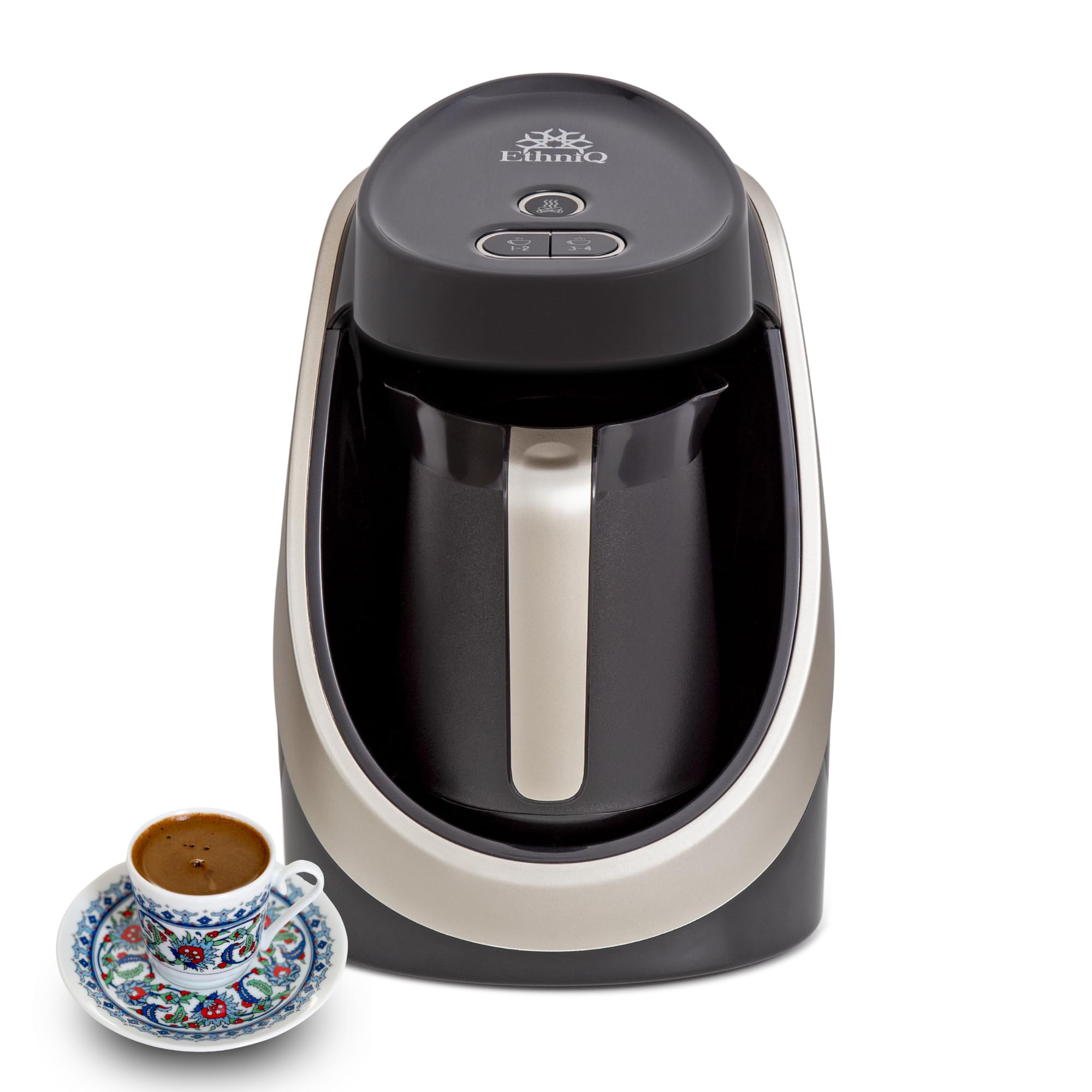 Photo 1 of ETHNIQ Turkish Coffee Maker - 100% BPA Free, 120V, 1 to 4 Cup Brewing Capacity with Cook Sense Technology for Delicious Cup of Turkish & Greek Coffee, Turkish Coffee Pot (Dark Silver)