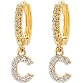 14K Gold Dangle Drop Initial Earrings for Women Dainty CZ Huggie Hoop Name Letter Earrings S925 Sterling Silver Post with Cubic Zirconia Hypoallergenic Gifts Jewelry