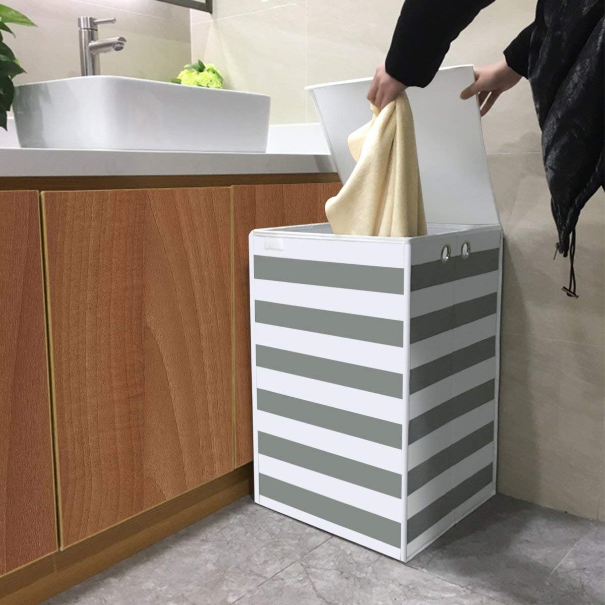 Chrislley Large Foldable Laundry Hamper Durable Laundry Basket Dirty Clothes Laundry Bag with Lid for Home College Room (White and Grey)