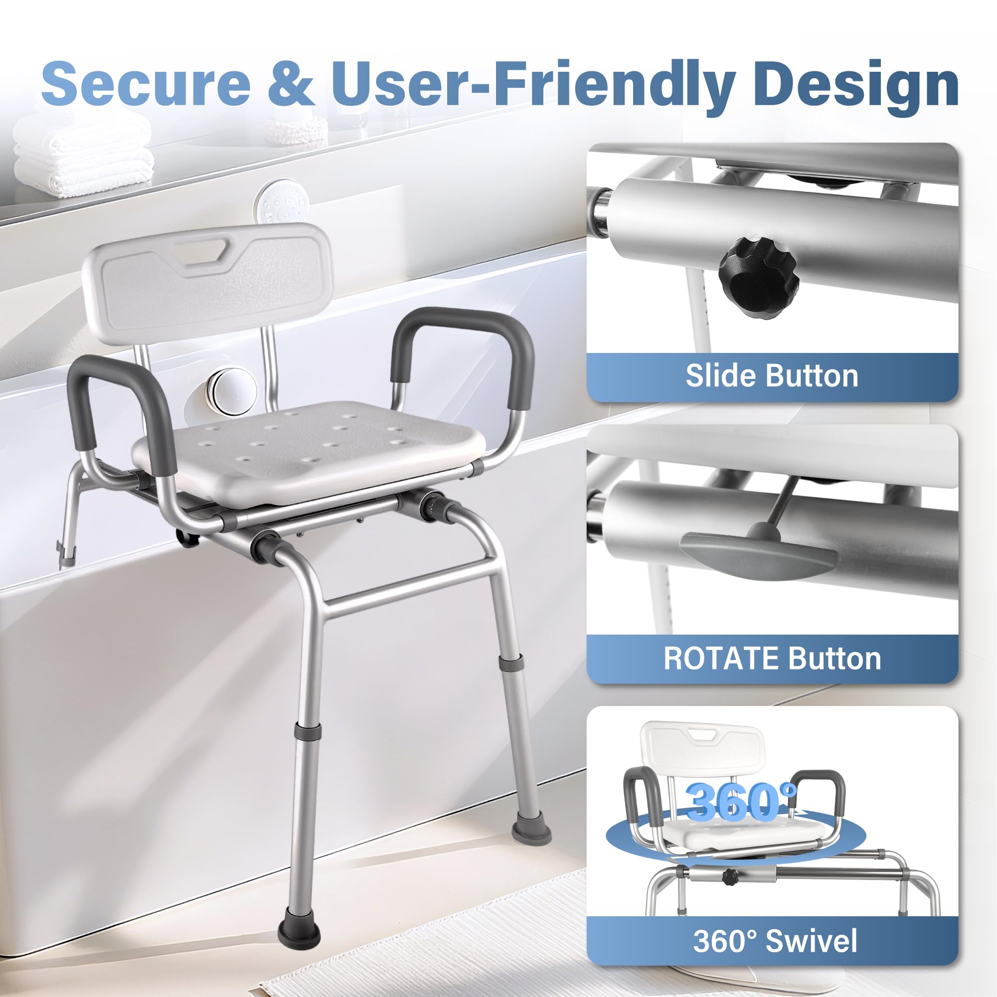Sliding Tub Transfer Bench with 360 Degree Swivel Seat, Height Adjustable Bathtub Transfer Bench with Armrest, Non-Slip Rotating Shower Chair for Elderly Disabled