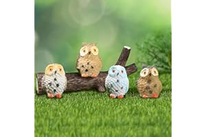 Auvitaya 4pcs Mini Resin Owls and 1pcs Branch, Miniature Owl Figurines for Fairy Garden Accessories, Plant Pot, Bonsai Craft Decor, Cake Topper, DIY Home Micro Landscape Ornaments