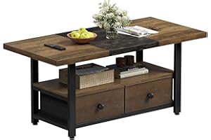 FABATO 2-Tier Coffee Table with Storage Shelf and 2 Drawers, 46'' Rectangular Center Table Wood Top for Living Room Reception Room, Metal Frame, Easy Assembly, Oak