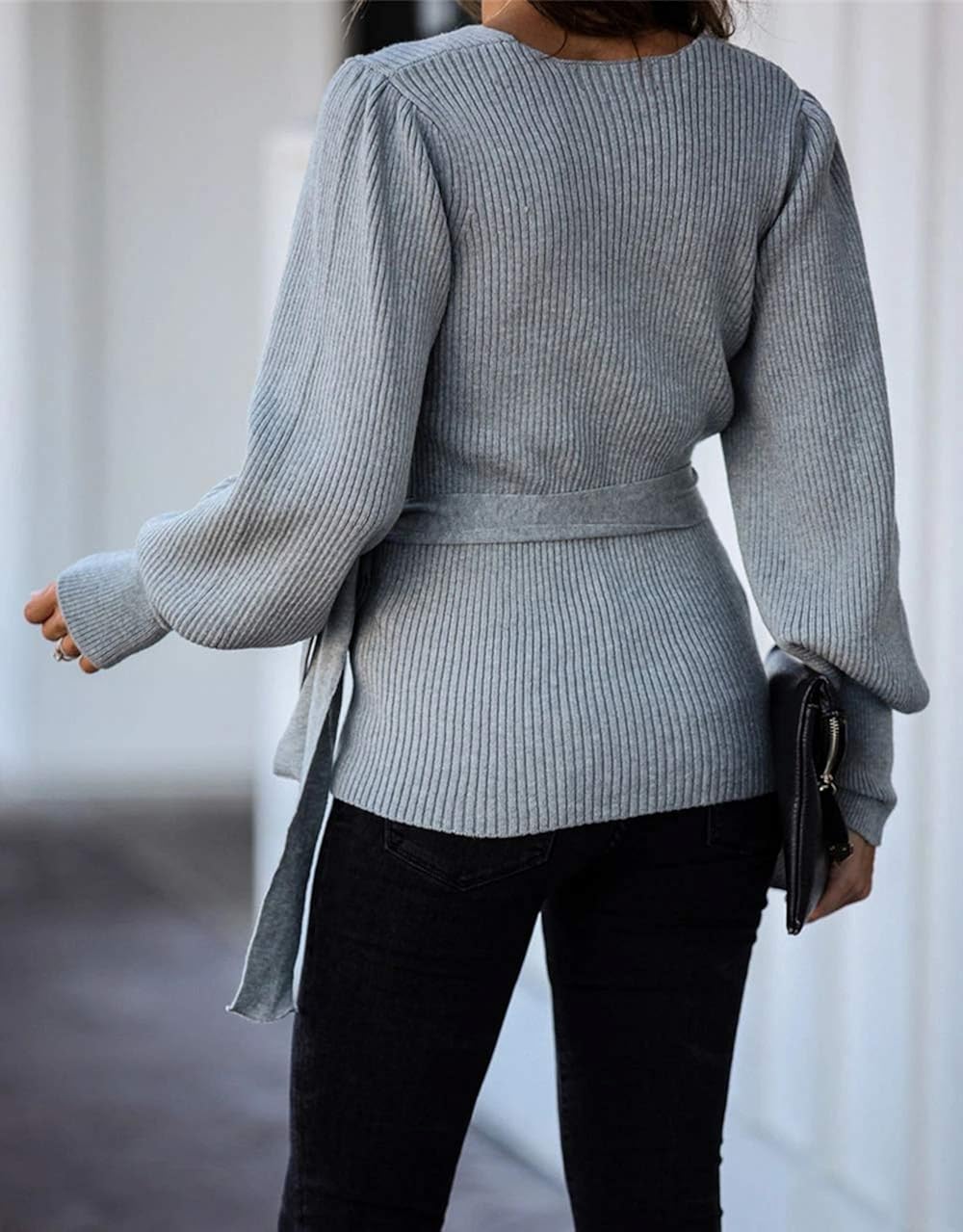 KIRUNDO Women’s 2021 Autumn Winter Wrap V Neck Sweater Top Balloon Sleeves Ribbed Knitted Pullover Tie Front Tunic Top Jumper: Clothing