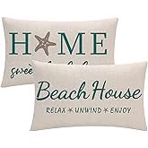 7COLORROOM 2Pack Beach House Decor Pillow Covers Relax/Enjoy/Unwind/Starfish Rectangular/Waist Cushion Covers Blue Home Sweet Home Summer Holiday Decorative Lumber Pillowcases 12" X 20"(Blue)