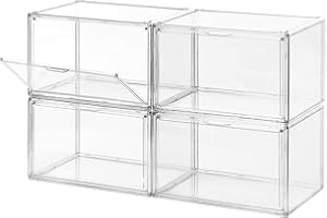 Upgraded XX-Large Strong Clear Shoe Storage Box Stackable 4-Pack, Fit Up To Size 15, 360° Transparent Thick Sturdy Shoe Organ