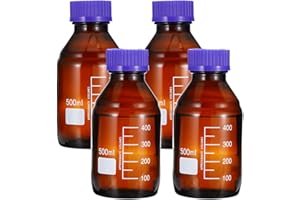 PATIKIL 4 Pack Reagent Media Storage Bottles, 500ml Borosilicate Glass Graduated Round Bottles with GL45 Blue Screw Cap for Lab Water Reagent Liquids, Brown