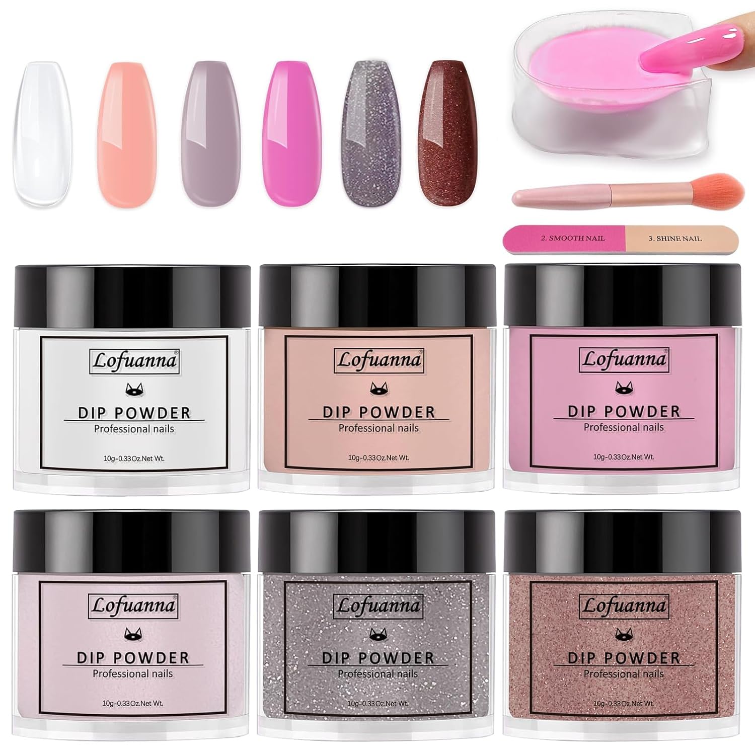 Lofuanna 6 Colors Dip Powder Nail -Professional Dip Powder Red glitter Purple glitter Nude Pink Clear Dipping Kit -Nail Art Design Kit French Dip Manicure DIY Salon Gifts