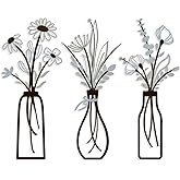 3 Pieces Metal Vase Flowers Wall Arts - Rustic Farmhouse Style Décor Metal Wall Art Black Minimalist Flower Natural Themed Wall Decors for Home Bedroom Dining Room Housewarming (Brown-Blue, Vase-C)