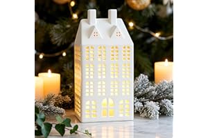 DN DECONATION Light Up Christmas Village House, White Ceramic House Decor with Lights, Modern Christmas Town Building Decorations, Winter Village Decor for Tabletop Centerpiece Inside