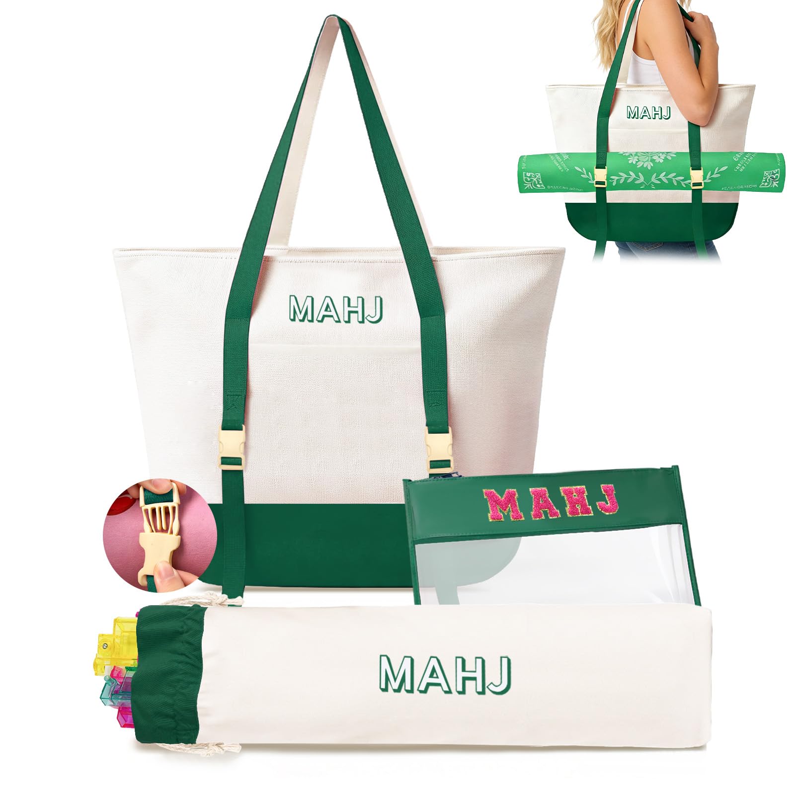 Mykng Nzw Empty Mahjong Tile Bags Set for American Tiles and Racks,Canvas Tote Bag with Mat Holder Accessories Organizer,Portable Mahjong Case Drawstring Protective Sleeve for Rack Pushers,Green