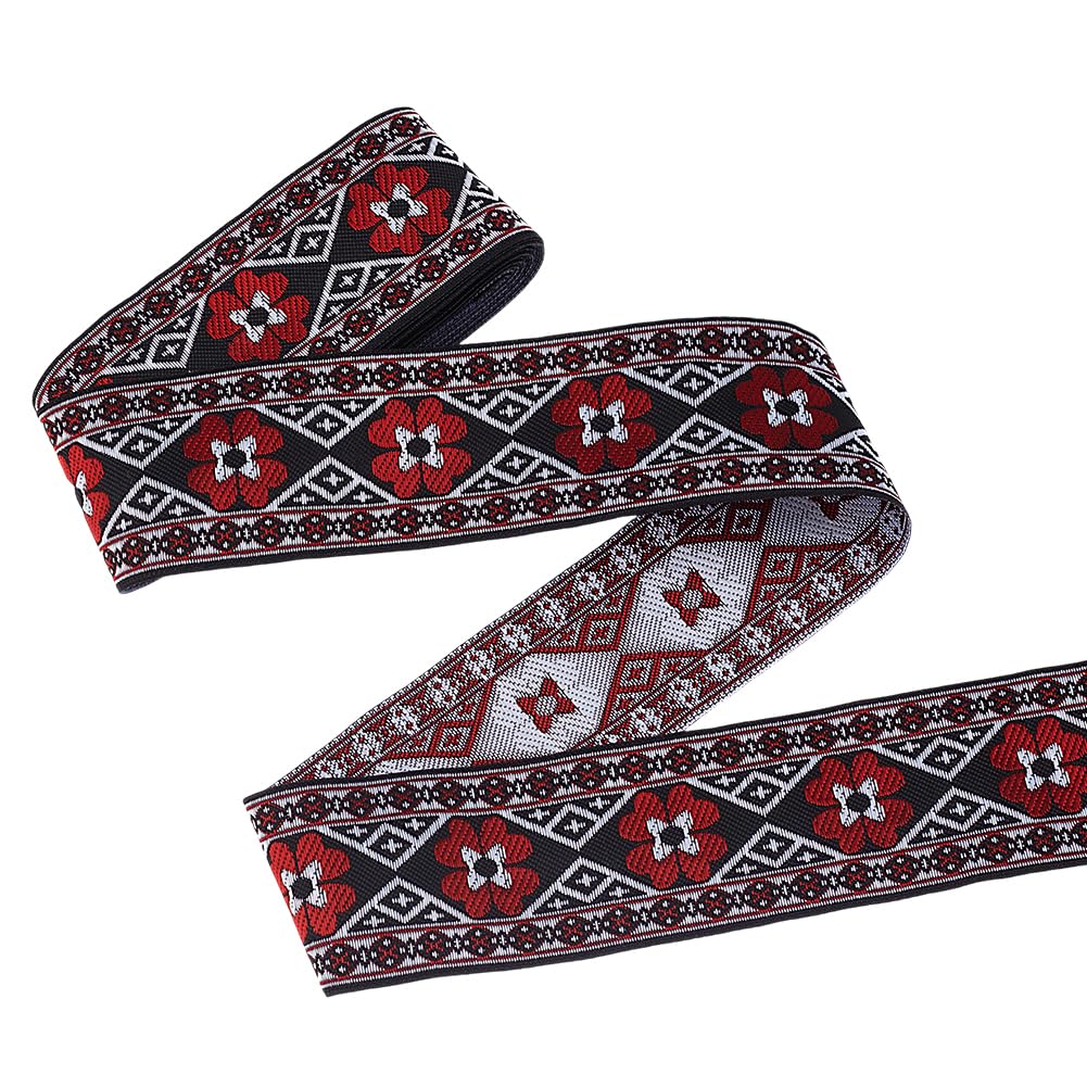 PH PandaHall 7 m Embroidered Jacquard Ribbon 5 cm Boho Woven Trim Webbing Ethnic Floral Embroidery Ribbon Vintage Fabric Trim for DIY Crafts Sewing Wedding Gift Wrapping Indian Red