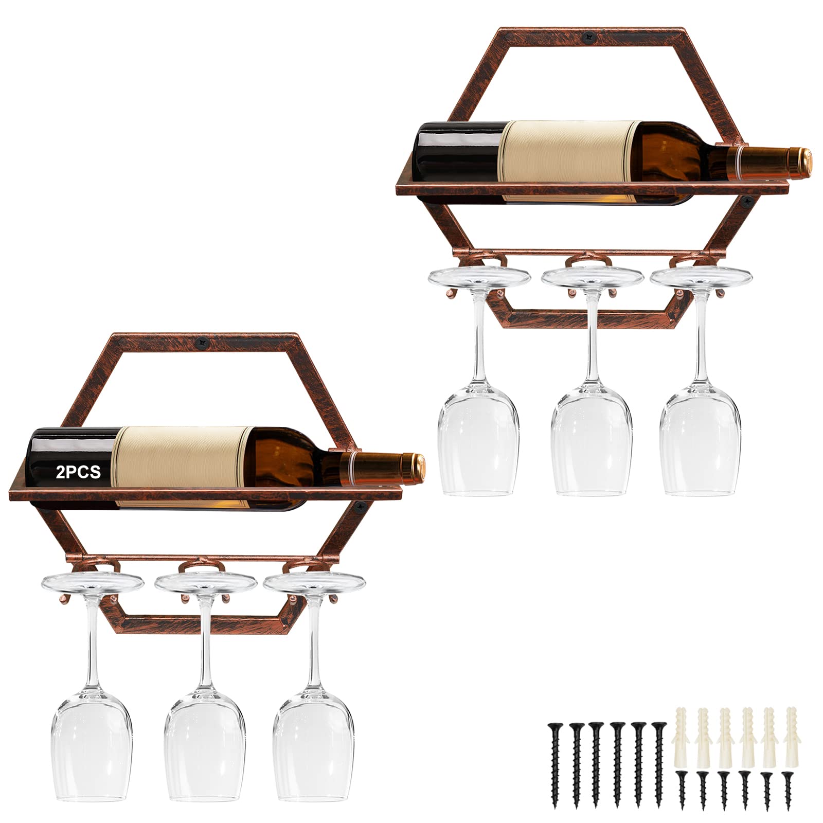 Photo 1 of **HAS SCRATCHES*** YALINKA 2Pcs Wall Mounted Wine Bottle Rack, Metal Hanging Wine Display Holder Organizer, Red Wine Racks for Home Kitchen Bar Decor Storage (Retro Brown AA)