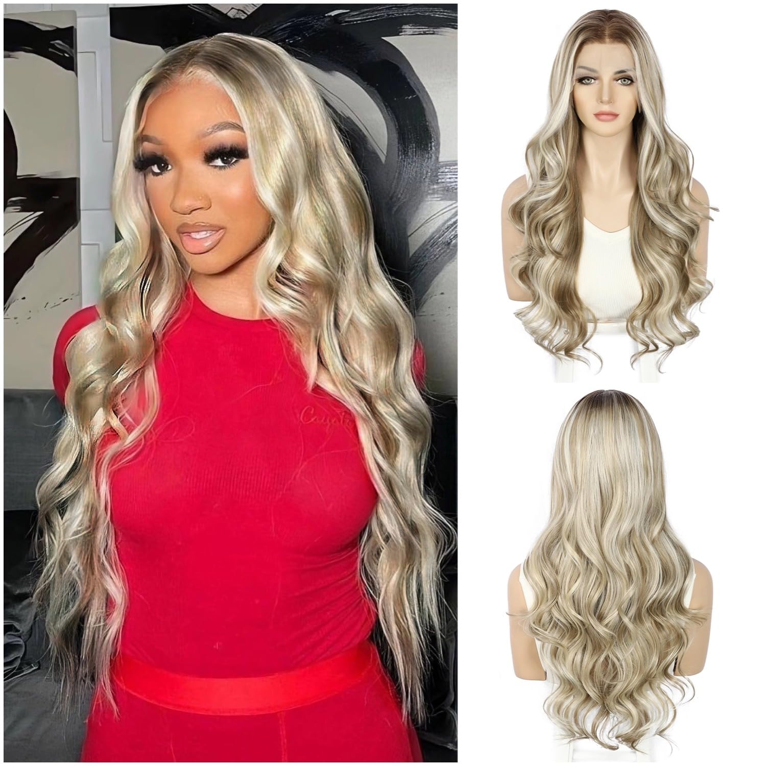 Sapphirewigs Blonde Lace Front Wig Highlight Synthetic Body Wave Wigs for Women Balayage Synthetic Lace Front Hair Party Date Daily Wear Christmas Natural Looking 26 inch — image 1