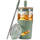 Glass Tumbler with Lids and Straws, 20 oz Iced Coffee Cup and Smoothie Cup with Bamboo Lid and On the go Lid,Glass Cups With Straws