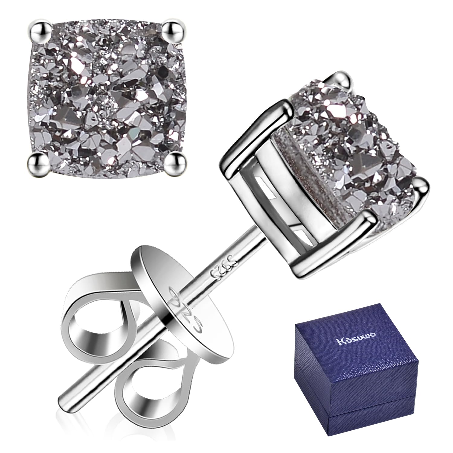 Kosuwo S925 Sterling Silver Handmade Druzy Stud Earrings for Women -6mm,18K White Gold Plated Square Natural Gemstone Earrings,Mruzy Womens Stud Earrings (Druzy-white gold) Image