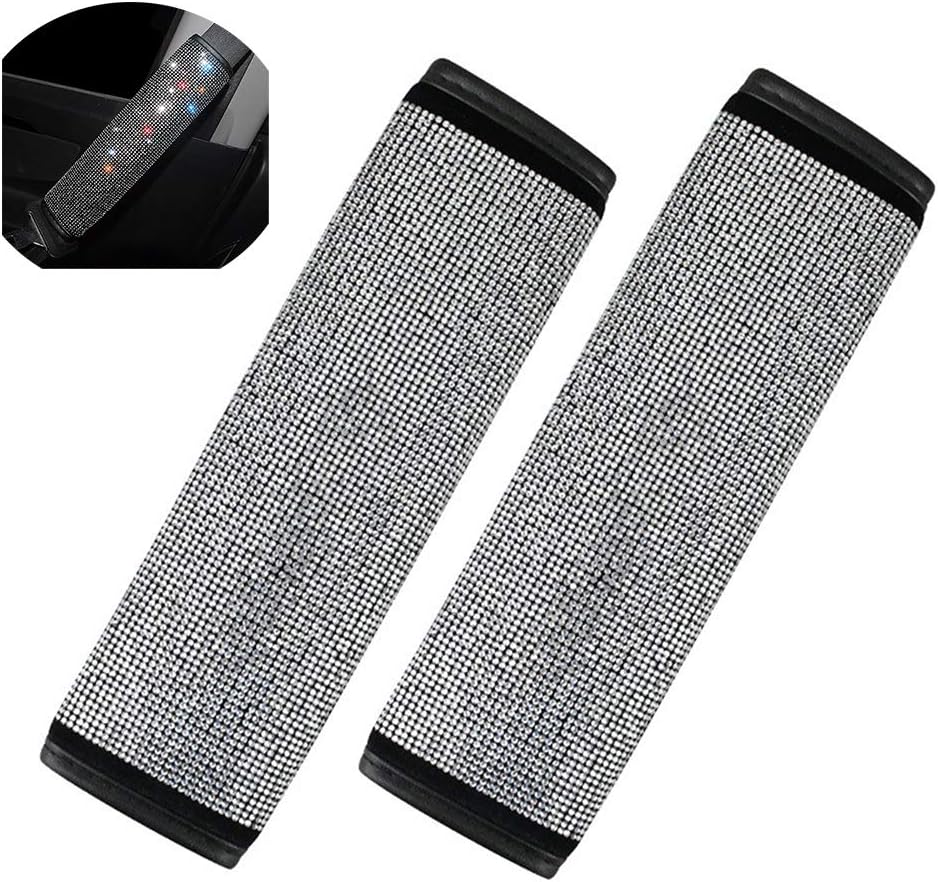 MLOVESIE 2 Packs Leather Seat Belt Shoulder Pads with Crystal Glitter Bling Rhinestones for Girls,Lady Universal Fit (Bling)