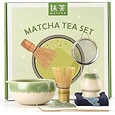 Matcha Whisk Set, 7-Piece Matcha Kit with Green Gradient Round Matcha Bowl, Whisk and Holder, Bamboo Scoop with Stand, Sifter and Tea Towel - Ideal Japanese Ceramic Tea Making Tools for Matcha Lovers