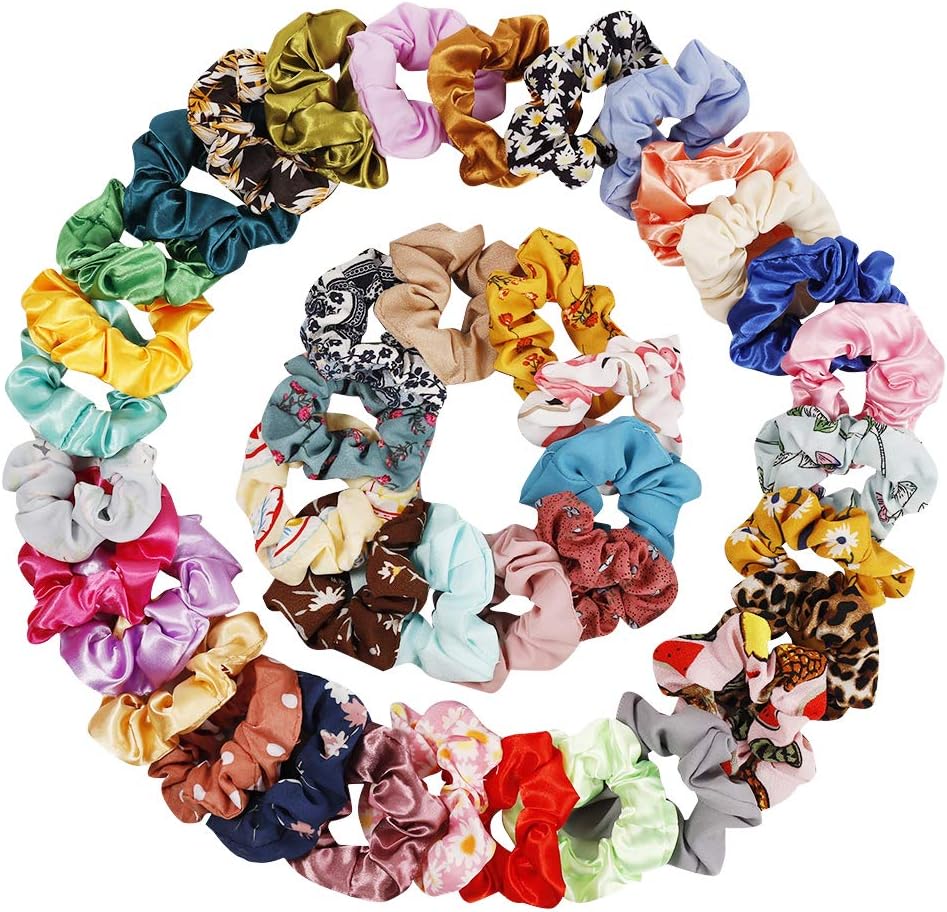 Mix pack 40pcs Hair Scrunchies Chiffon Colorful Elastic Scrunchy print Bobble Soft Ponytail Holder Hair Bands silk Satin Hair Ties for Girls and Women Hair Accessories with Storage Bag