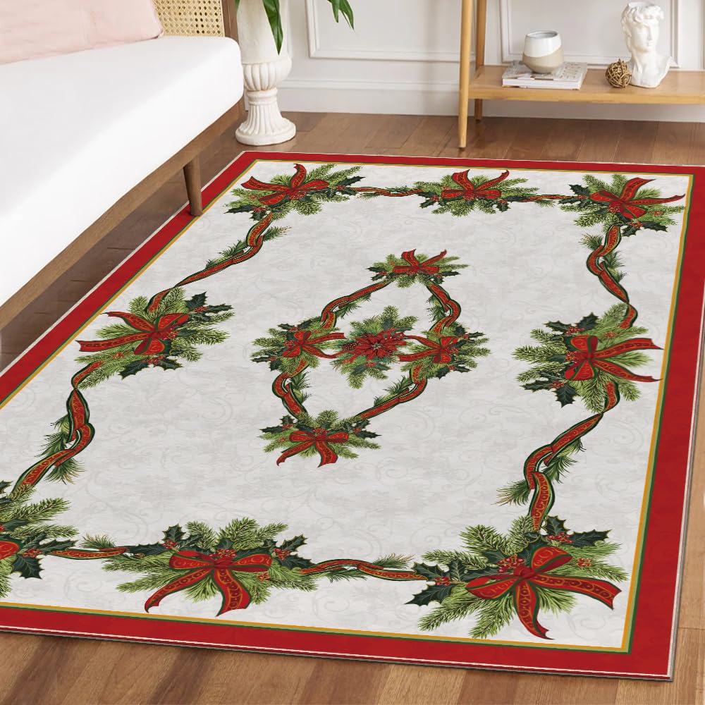 Photo 1 of Artoid Mode Holly Ribbon Pines Christmas Area Rug, Xmas Winter Home Decor Low-Profile Washable Area Rugs for Entryway Bedroom Living Room Laundry Room Indoor 5x7 Feet