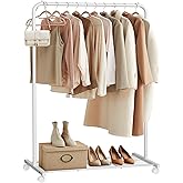 SONGMICS Clothes Rack with Wheels, Clothing Rack for Hanging Clothes, 25.4 mm Metal Garment Rack with Dense Mesh Storage Shelf, 110 lb Load Capacity, 2 Brakes, Cloud White UHSR025W01
