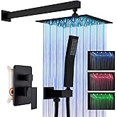 Suguword Shower Faucet Set Matte Black Rain Shower System with 12 Inch LED Square Rainfall Shower Head and and Handheld Spray Luxury Bathroom Shower Faucet Sets Complete Combo Set Wall Mounted
