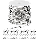 YOUBEIYEE 16.4 Feet Stainless Steel Paper Clip Chains for Jewelry Making Necklaces Bracelet Anklet Oval Soldered Link Chain Bulk with Jump Rings Lobster Clasps 14mm×4.5mm