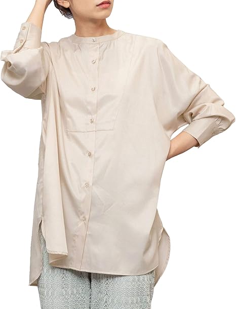 Amazon ミリアンデニ レディース トップス ノーカラーブラウス レディース 長袖 シャツ スムースエクリュ M シャツ ブラウス 通販