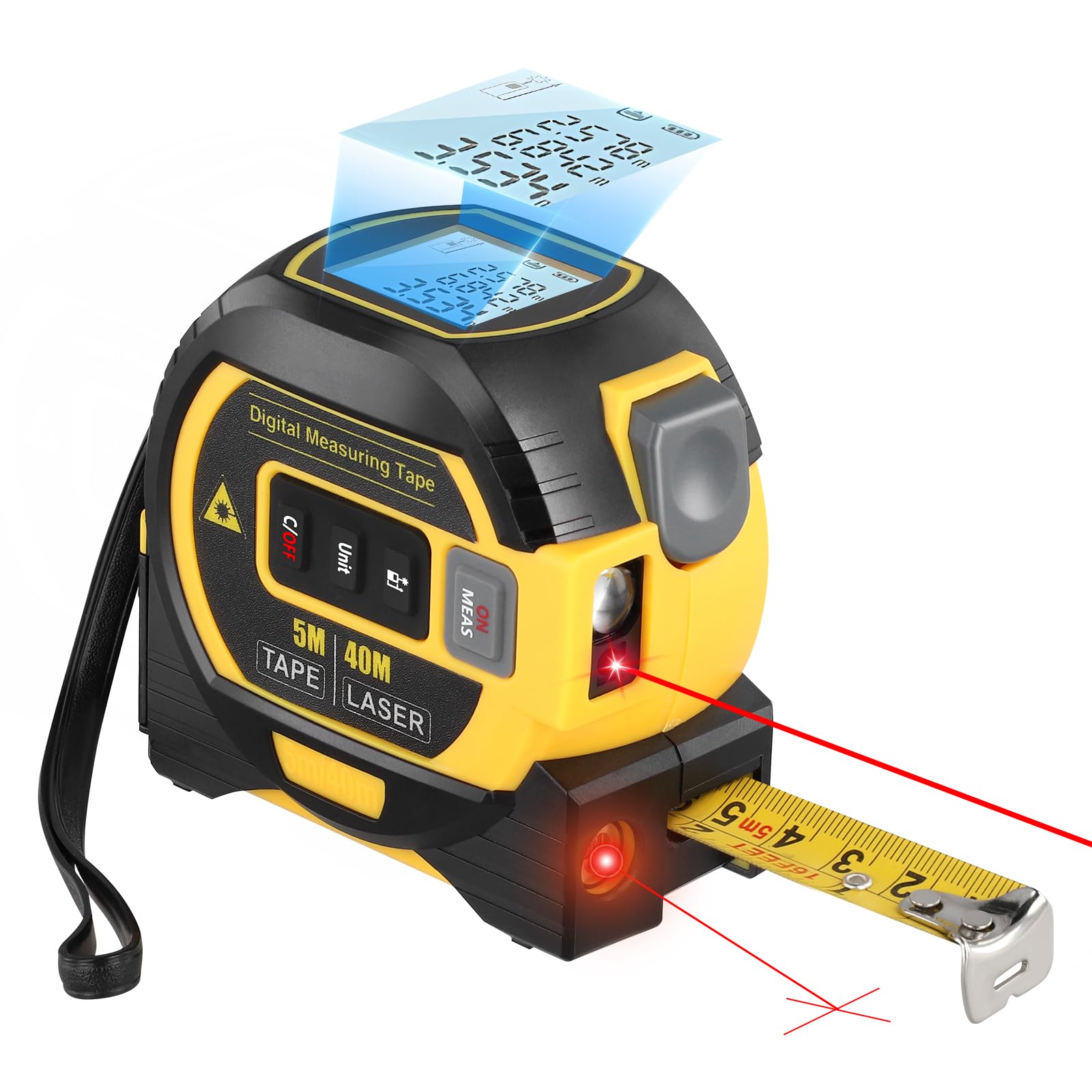 40M Laser Rangefinder, Digital Laser Tape Measure LCD Display with Backlight, M/In/Ft, 3 in 1 Laser Meter Retractable Tape 5M, Cross Line Laser, Distance Meter Building Measurement Device