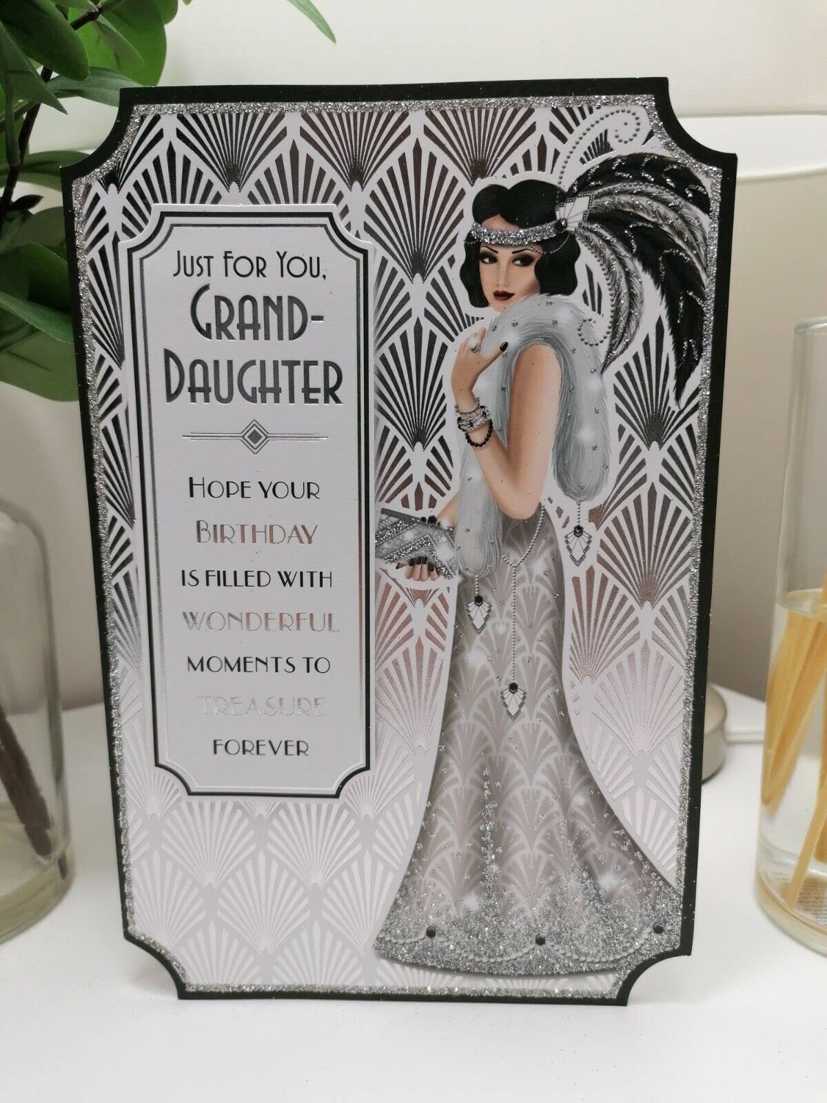 Art Deco 1920's Flapper Lady - Granddaughter - Glittered Silver Birthday Card